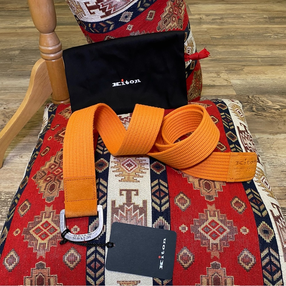 Kiton Stripe Belt Orange With Suede Size 34 With Dust Bag